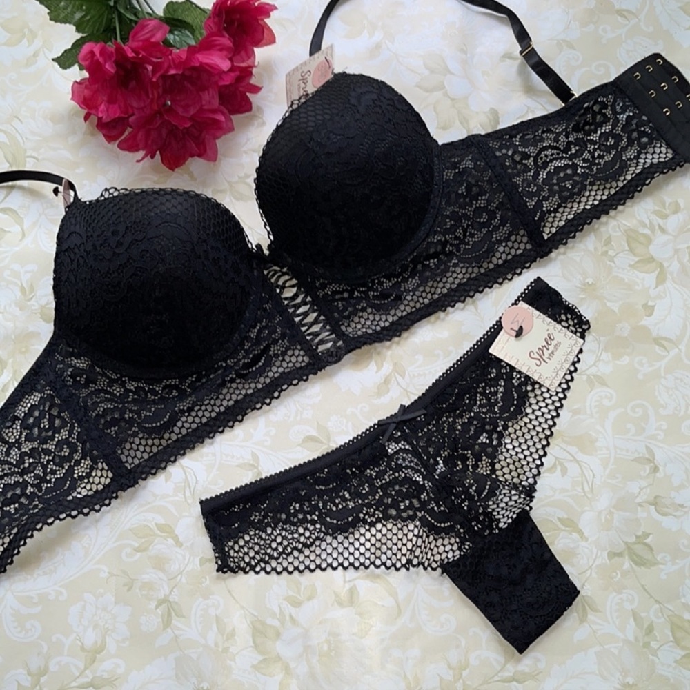 Black Lace Push-Up Bra & Bikini Set - Unbranded